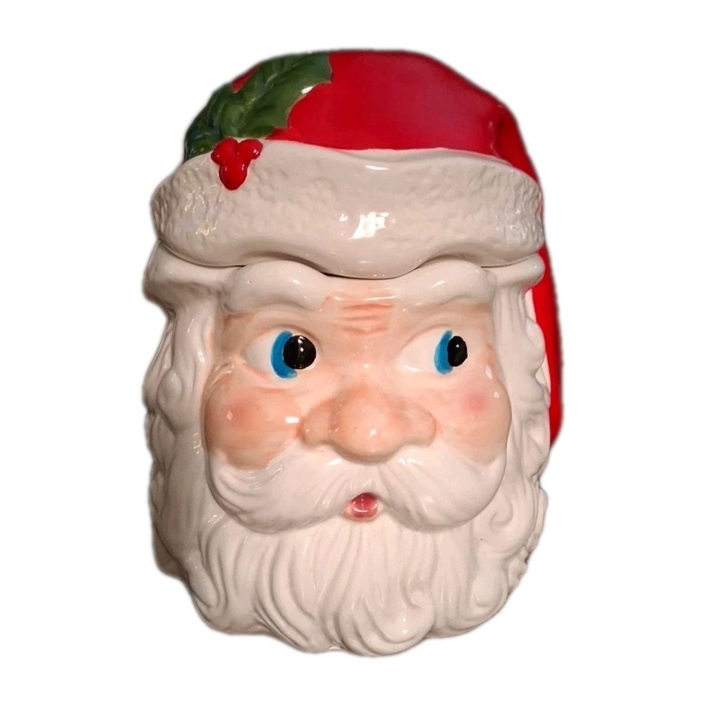 Vtg ABC Distributing Ceramic Santa Claus Christmas Goody Jar/Lid Red White READ